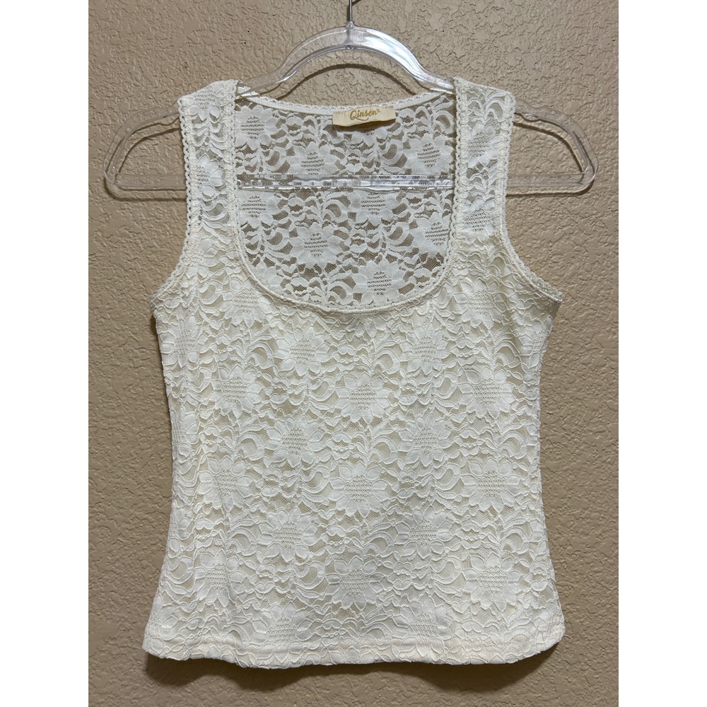 Qinsen Medium Floral Lace Scoop Neck Tank Top Cream Romantic Coquette Aesthetic